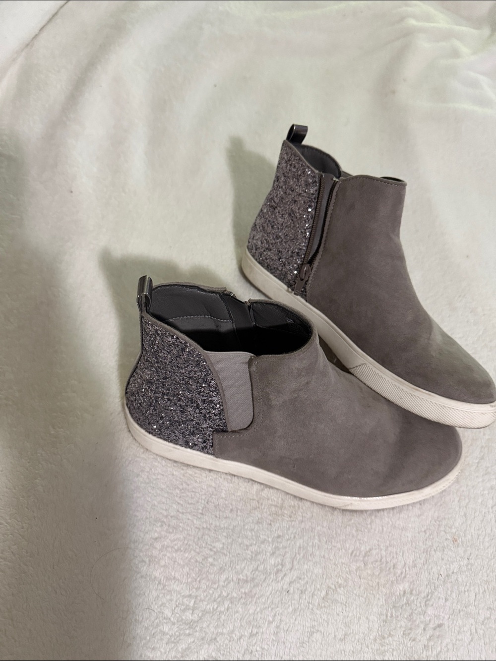 Girls Grey Suede Ankle Booties with Sparkle Back Panel